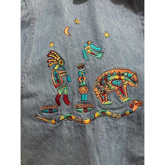 Passion-I Embroidered Southwestern Denim Short Sleeve Bears Birds Shirt XL - Picture 3 of 5